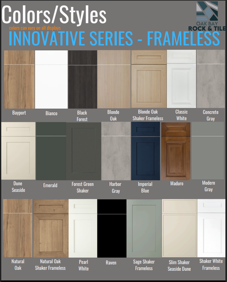 Innovative Series frameless cabinetry colours and styles — main selection sheet