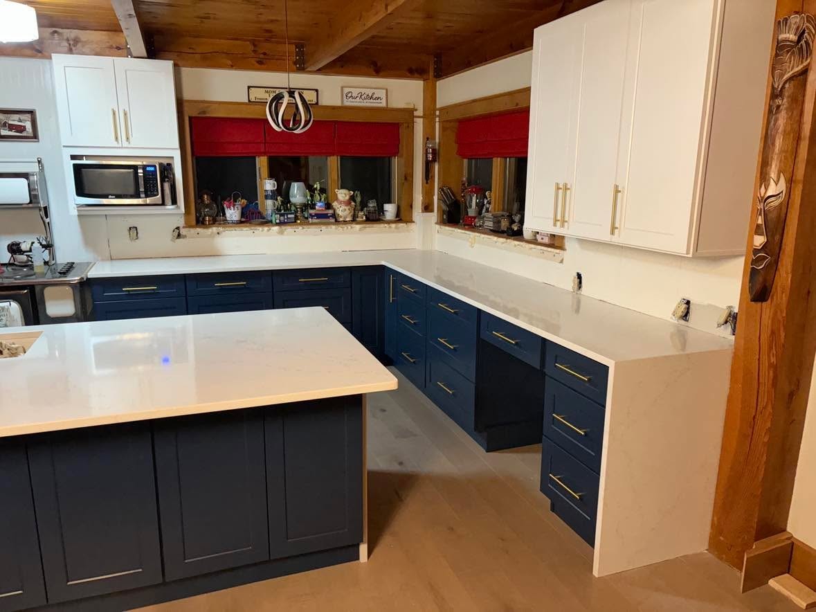 Kitchen island and cabinetry overview.